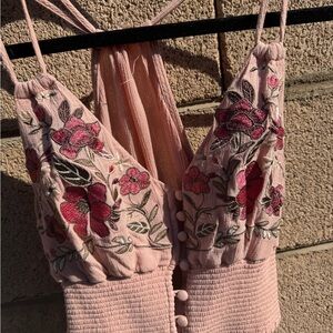 Free People Pink Floral Embroidered Top